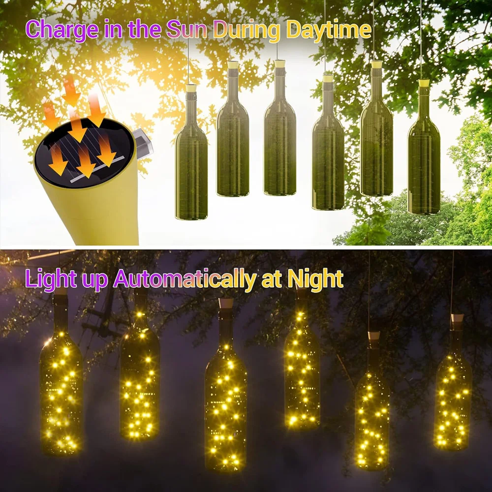 Guirnalda de luces solares para botellas de vino, 20LED, alambre de cobre Solar, luces de hadas con forma de corcho, lámpara navideña para decoración de jardín, fiesta de boda