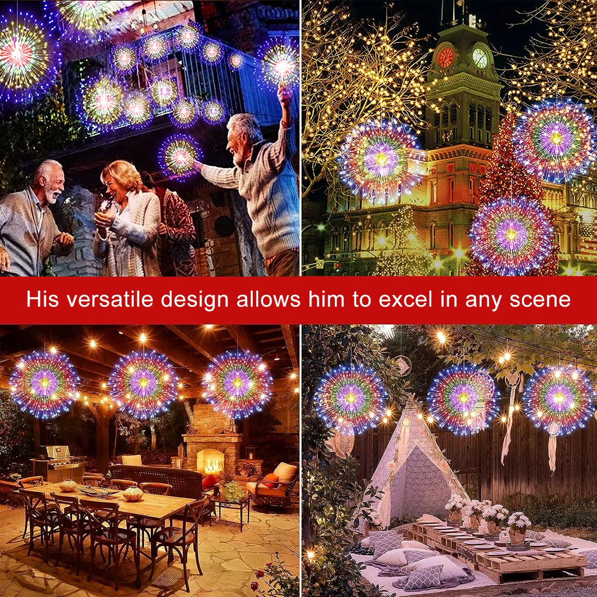 Luces solares de fuegos artificiales para exteriores, 90/150/200 LED, 8 modos, guirnaldas de luces colgantes de alambre de cobre para patio, tienda de campaña, fiesta, Navidad