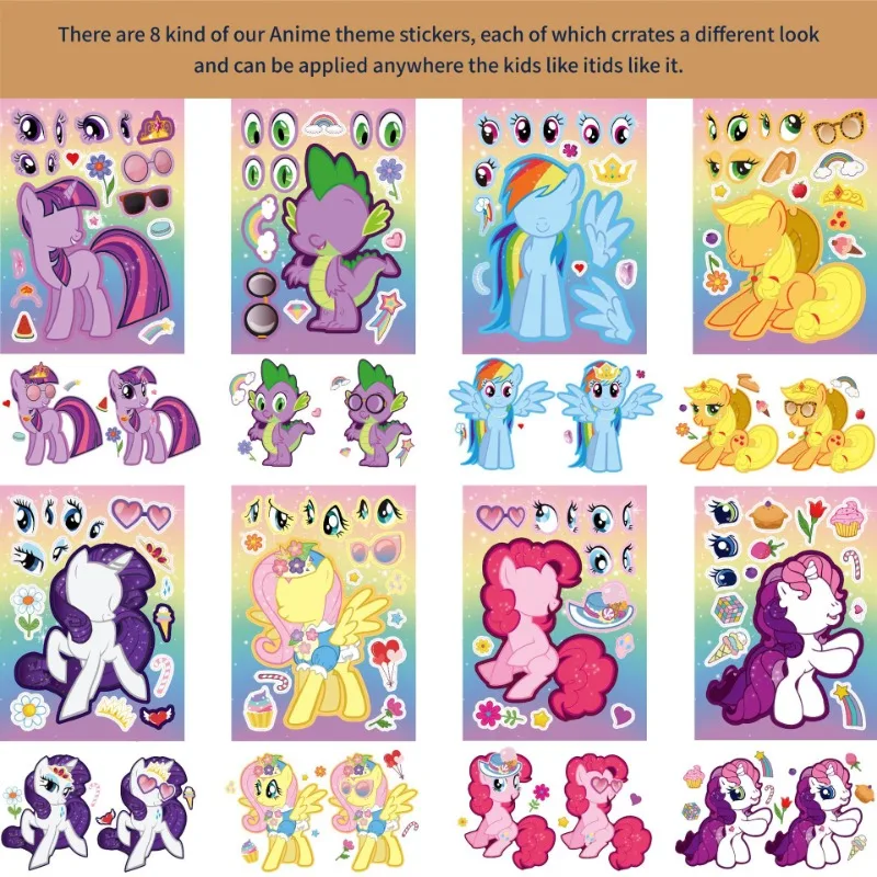 8 hojas de pegatinas de Anime My Little Pony, hacer una cara, montar, divertidas calcomanías DIY, rompecabezas, regalo de cumpleaños para niños y niñas