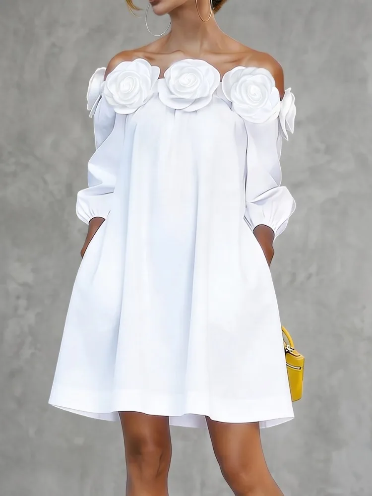 Vestido Mini Blanco UOOZEE para Mujer, Mezcla de Algodón, Diseño 3D de Rosas, Hombros Descubiertos, Mangas 3/4, Corte A, Elegante, Holgado, para Fiesta, Nuevo 2026