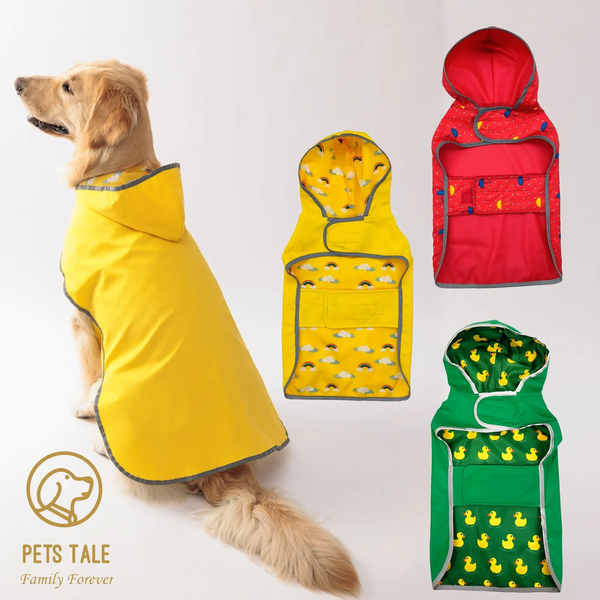 Chubasquero para perros para todo tipo de clima: abrigo impermeable de doble cara con revestimiento de PU de fibra de poliéster y cierre de velcro de ajuste rápido
