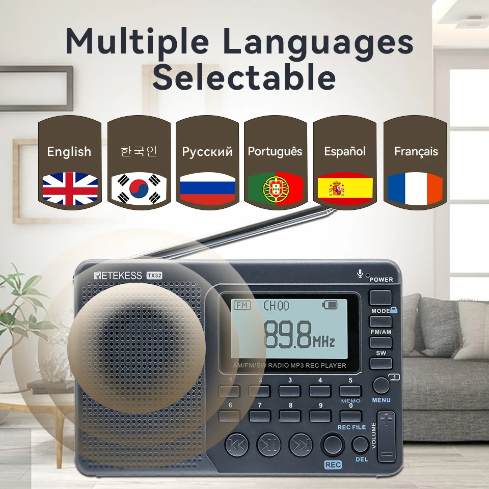Radio RETEKESS V115 FM AM SW, Radios Portátiles Recargables, Múltiples Bandas, Grabadora USB, Altavoz para Personas Mayores TX32