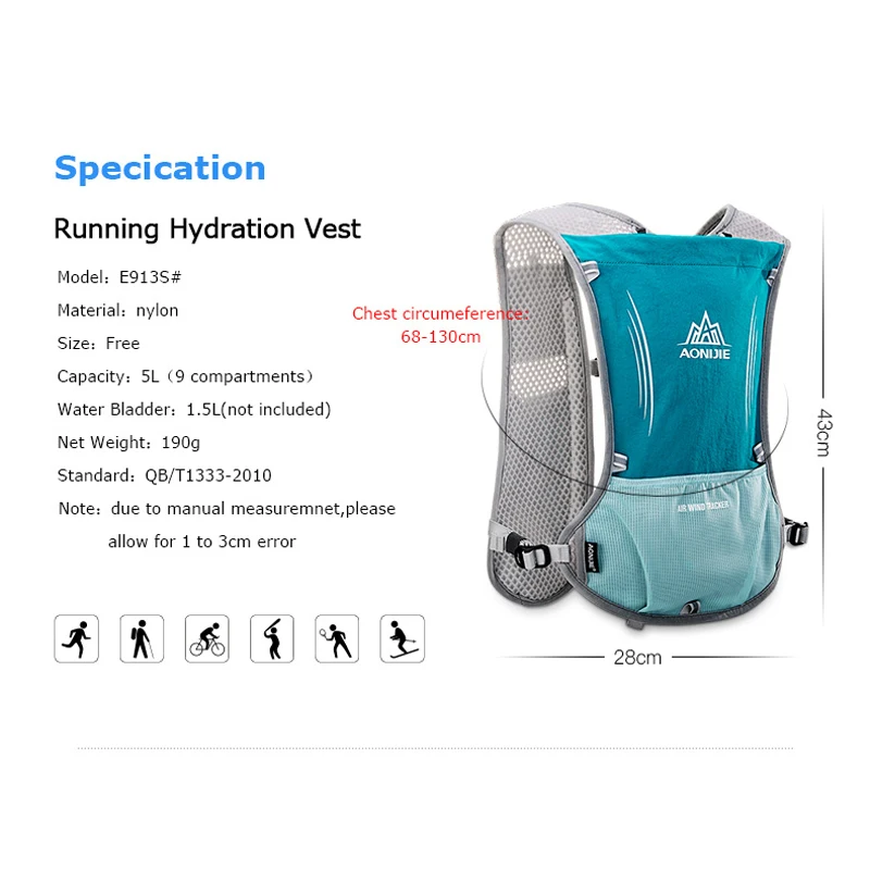 AONIJIE E913S 5L paquete de hidratación mochila bolsa chaleco para 2L vejiga de agua senderismo correr maratón carrera deportes botella de agua
