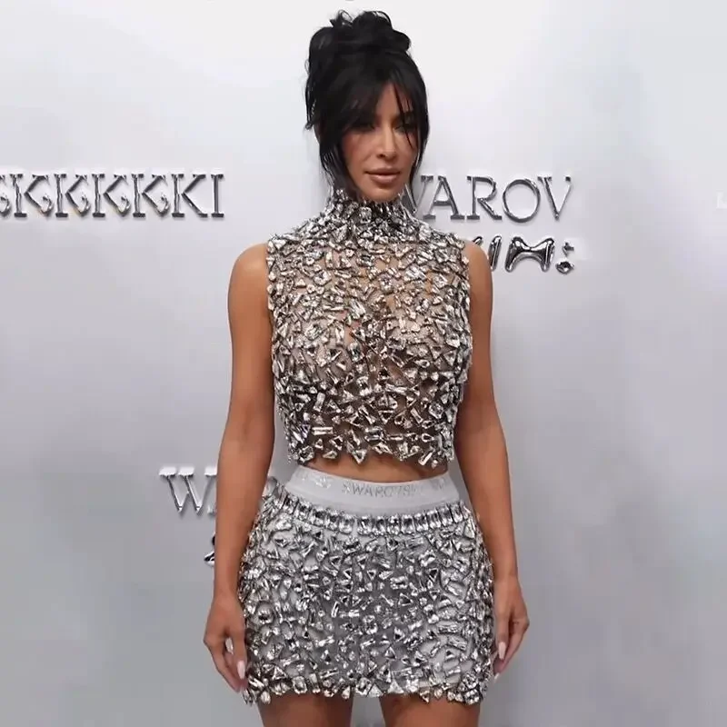Diamantes brillantes de alta calidad, camiseta sin mangas transparente y falda sin espalda, conjunto de 2 piezas para mujer, Vestido de fiesta de cumpleaños