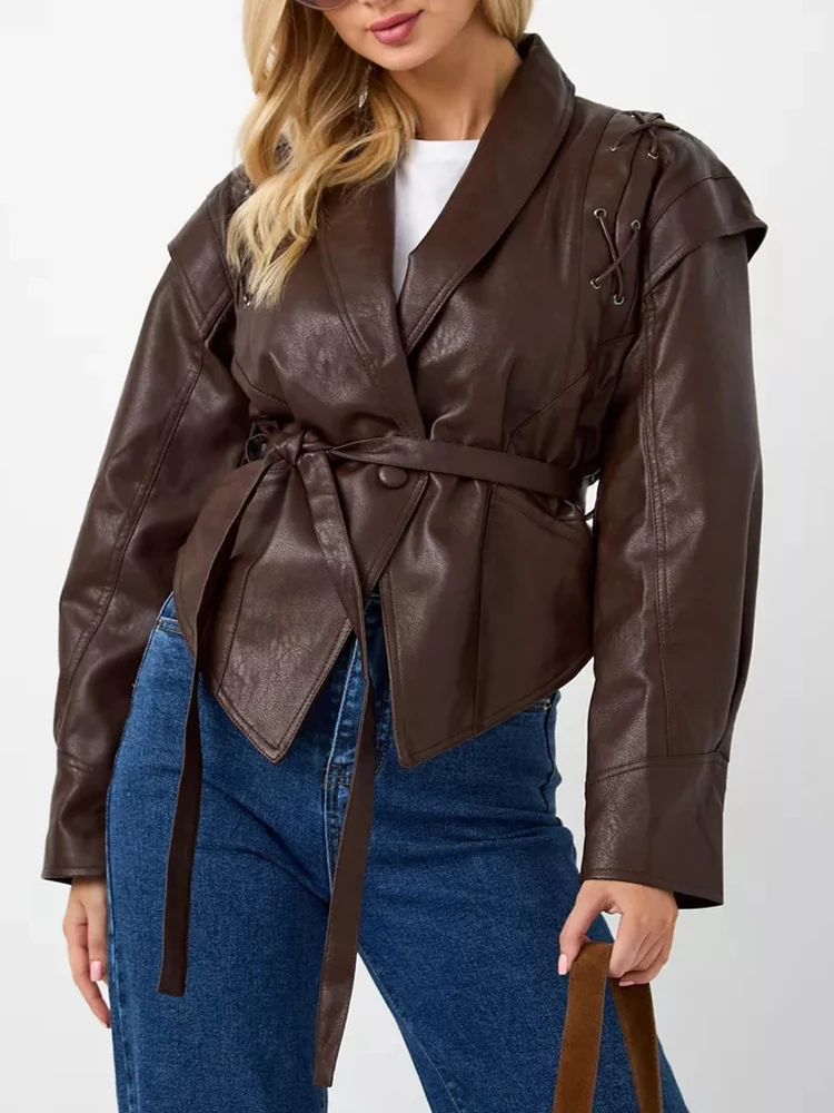 Ailegogo primavera otoño mujer Vintage ropa de calle cinturón suelto un solo botón manga larga chaqueta de piel sintética prendas de vestir
