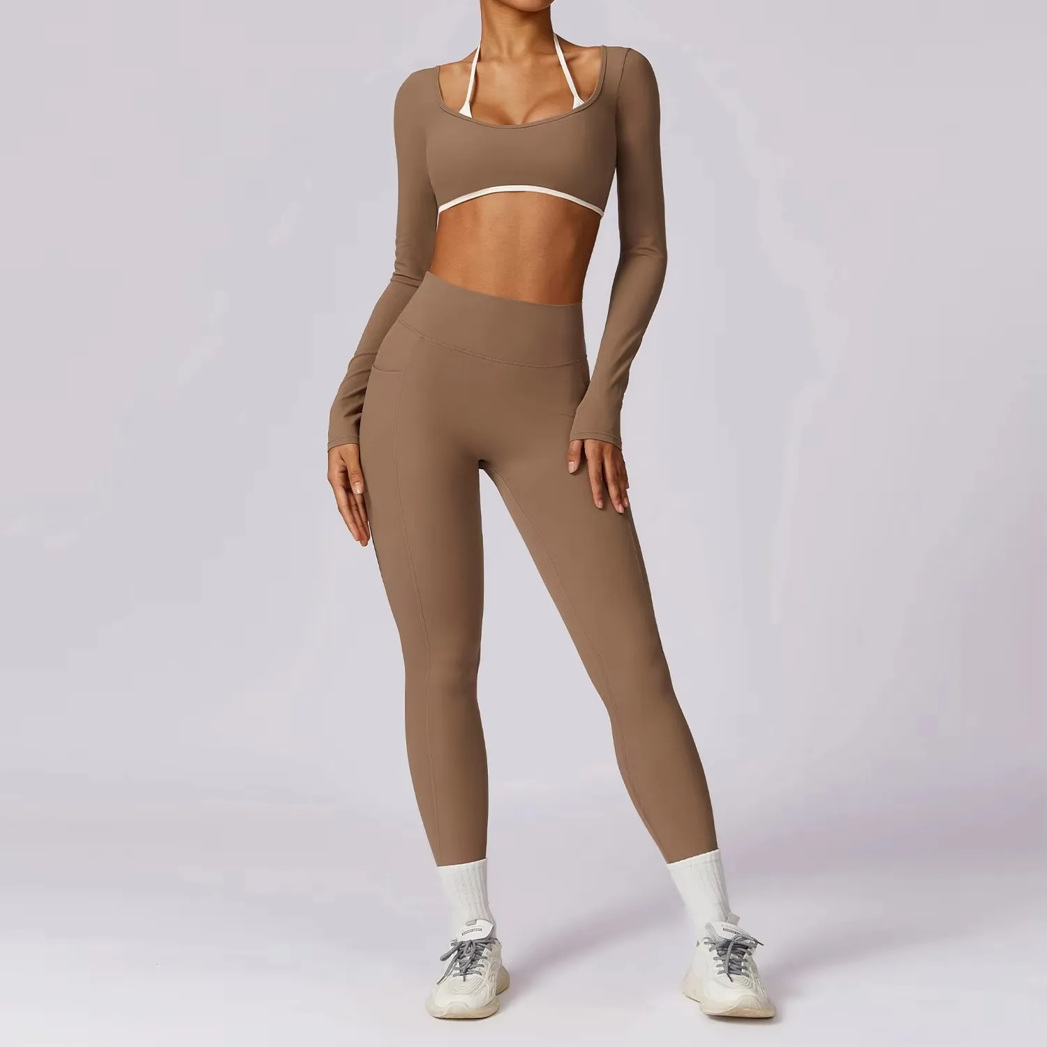 Conjunto de Yoga para mujer, ropa deportiva de realce, ropa de entrenamiento, mallas de gimnasio, sujetador de Fitness, Top corto, trajes deportivos de manga larga, 2 uds.
