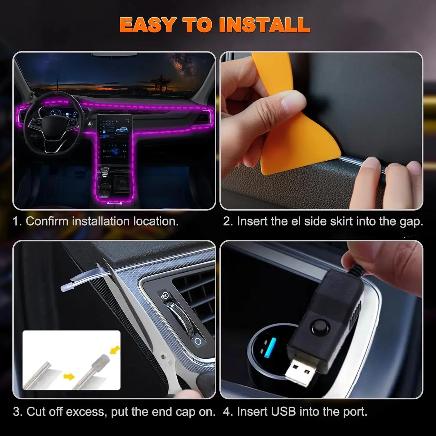 Tiras de luces LED para coche, Kit de iluminación ambiental de neón USB de 196,85 pulgadas con interruptor silencioso para decoraciones interiores de coche