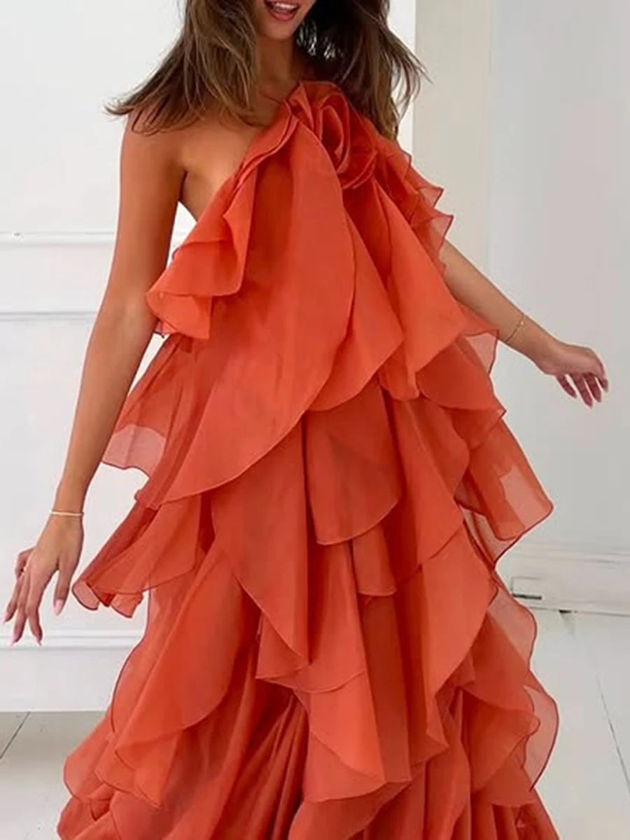 TWOTWINSTYLE, vestidos elegantes lisos con volantes empalmados para mujer, vestido suelto sin mangas con cuello Halter y cintura alta con espalda descubierta, moda femenina