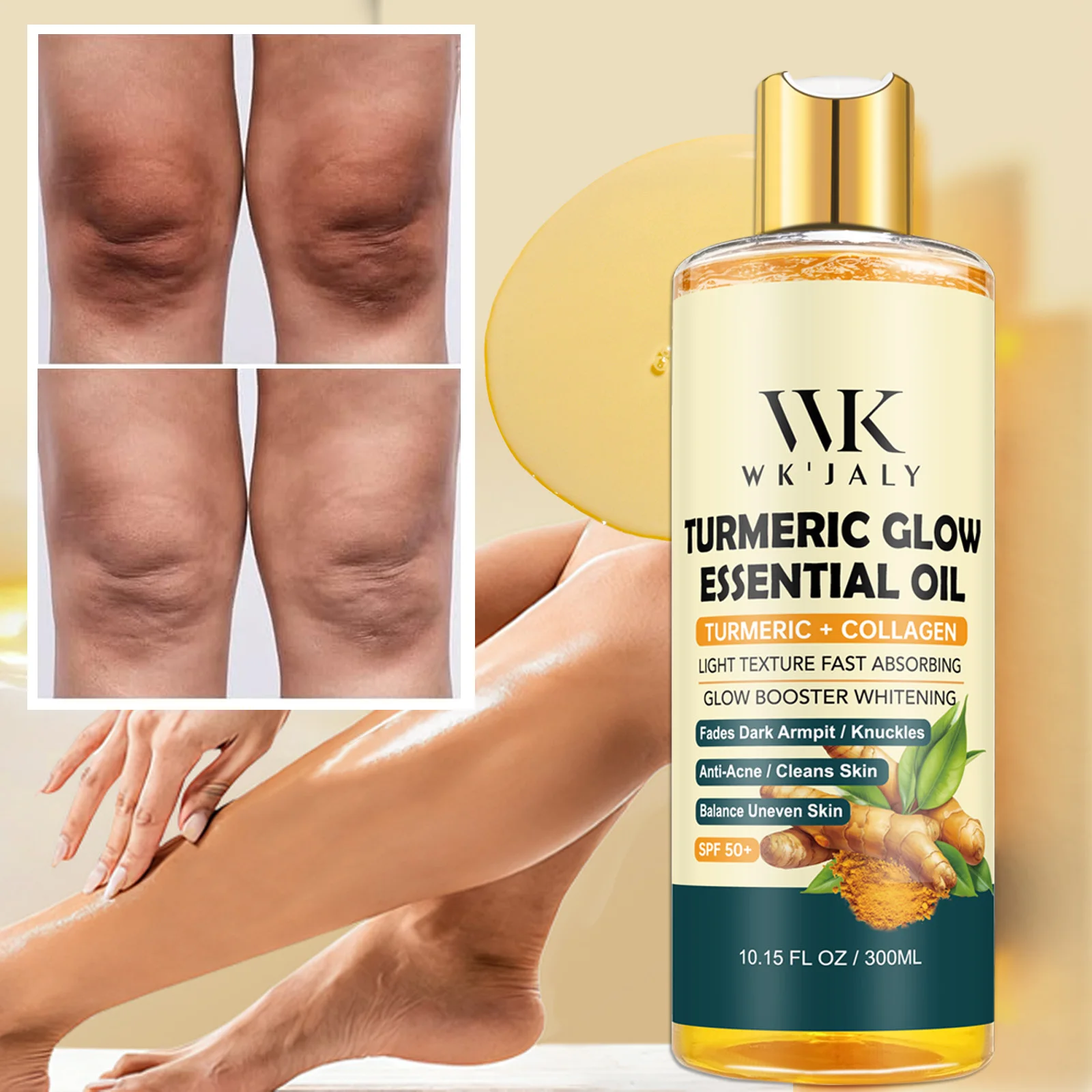 WK JALY Aceite corporal esencial con brillo de cúrcuma, hidratante, blanqueador, desvanece la axila oscura, nudillos, antiacné, equilibra la piel desigual