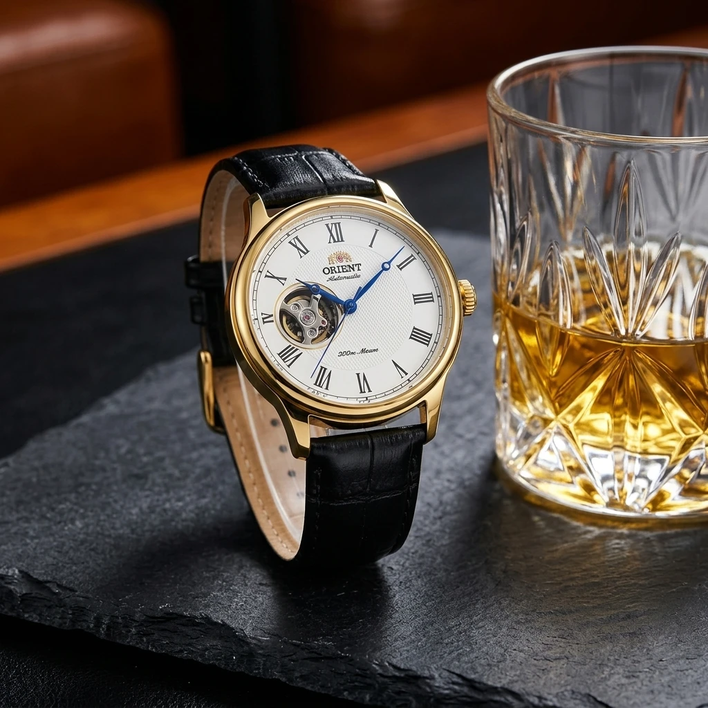 Reloj Mecánico Automático de Negocios para Hombre Orient, Esfera Esqueletizada con Números Romanos, Correa de Cuero