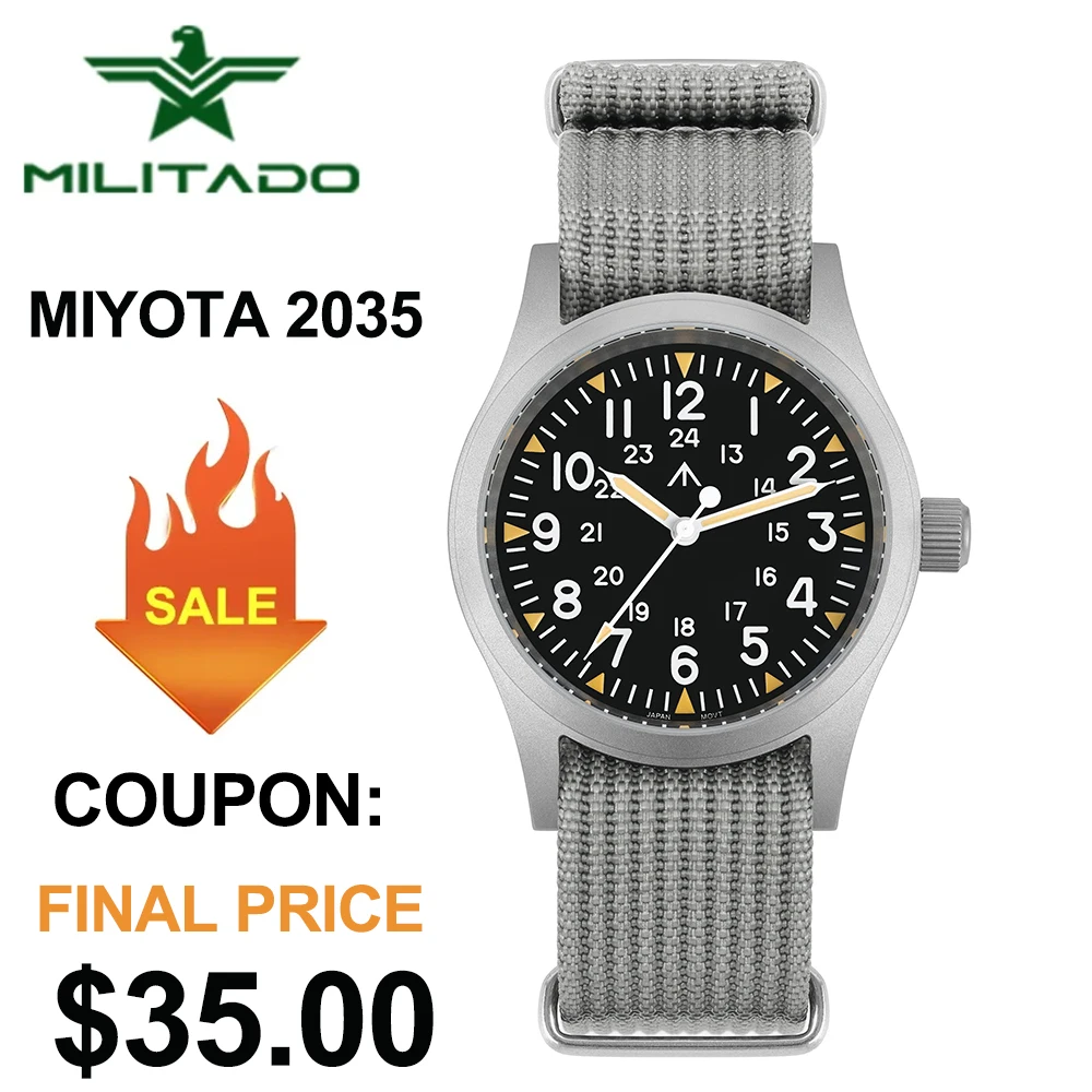 Militado ML05 38mm reloj militar Miyota 2035 movimiento cúpula cristal de zafiro C3 verde luminoso 10Bar relojes Vintage impermeables