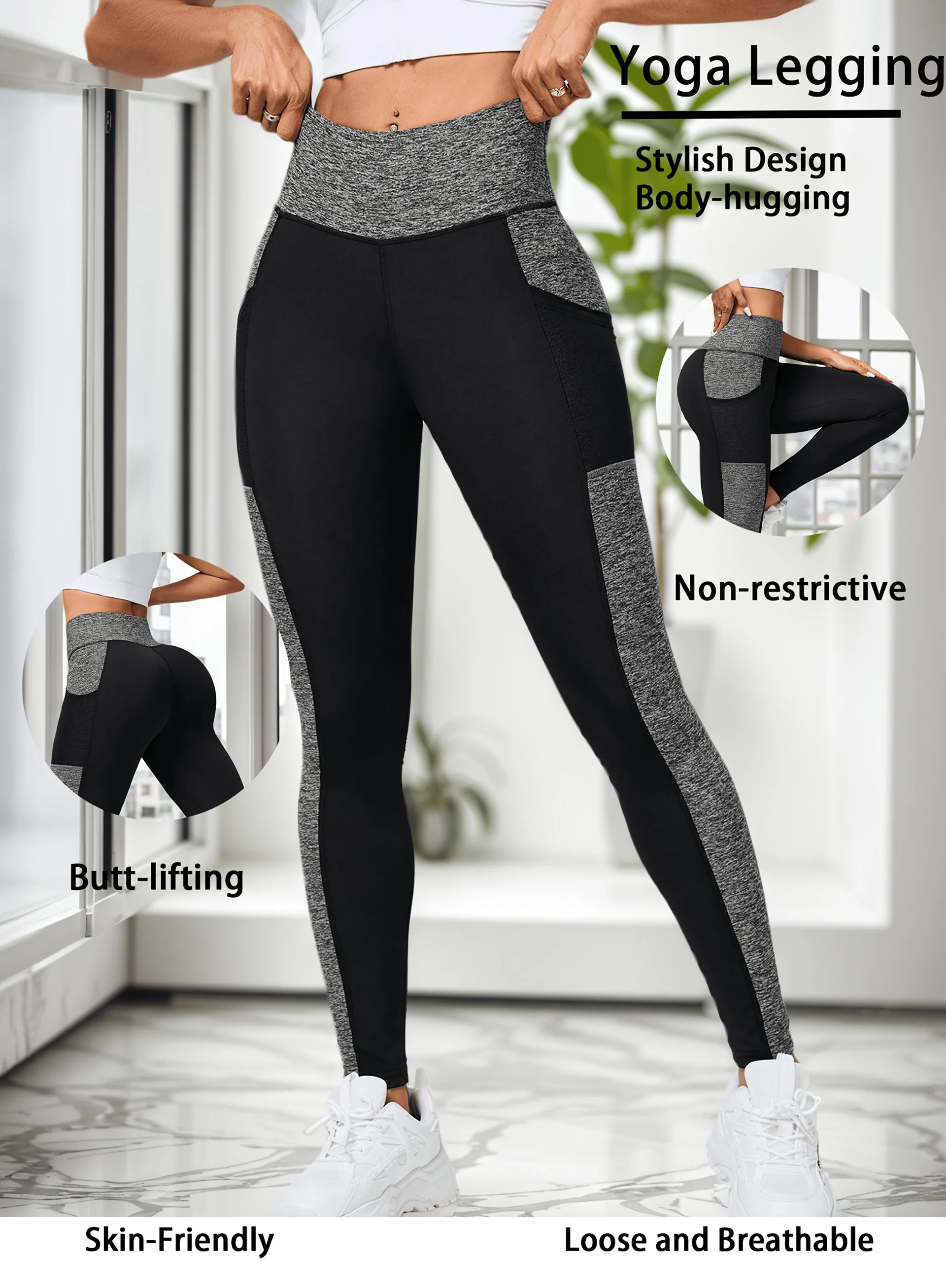 Pantalones de yoga de cintura alta con bloques de color de malla con bolsillos Leggings para mujer Leggings de entrenamiento con control de barriga para mujer