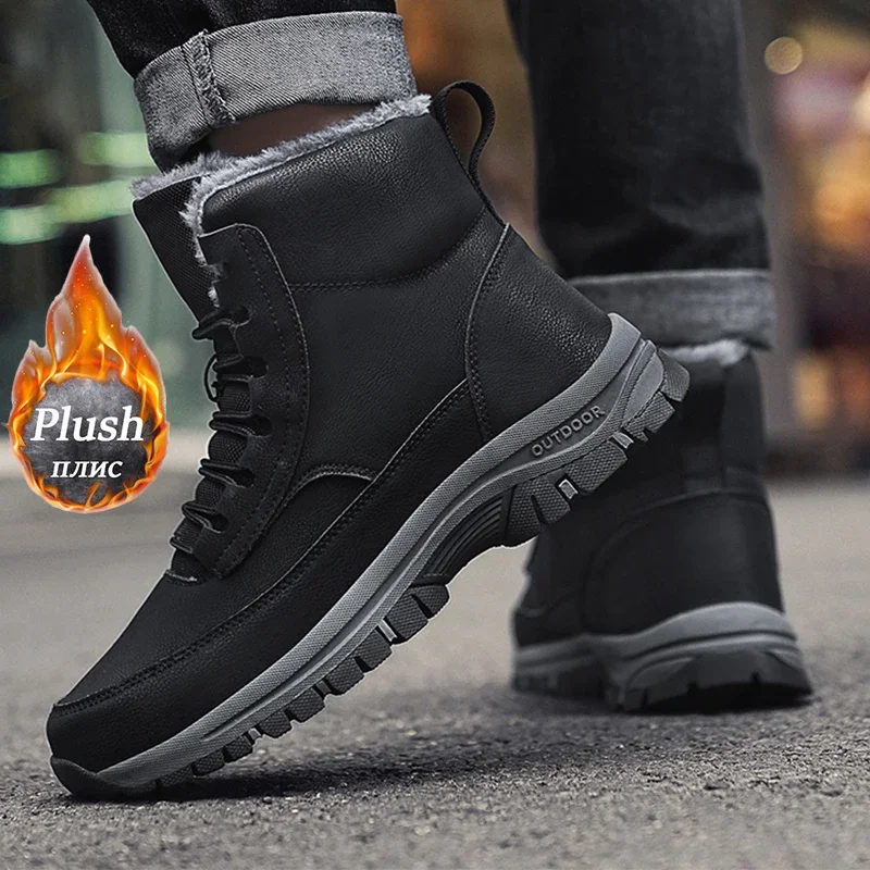 Botas de nieve impermeables para hombre, zapatos de trabajo de cuero, botas súper cálidas para exteriores, senderismo, talla 39-48, Invierno