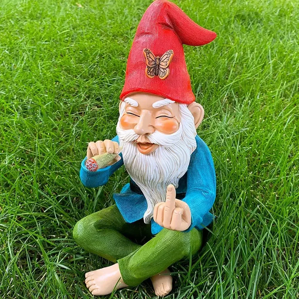 Adornos de Gnomo de jardín, estatua de resina, estatuilla para fumar, escritorio de dedo medio, estantería, arte, decoración del jardín del hogar