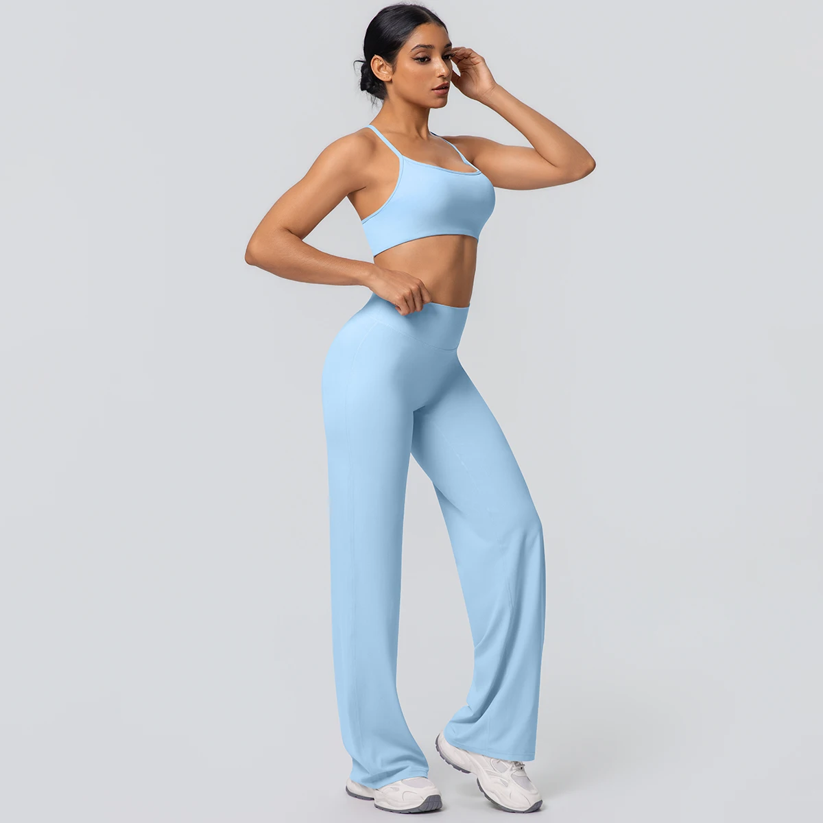 Traje de Yoga deportivo para gimnasio para mujer, ropa interior Sexy de espalda bonita con almohadilla para el pecho, pantalones de pierna ancha de cintura alta de Color sólido, conjunto de Yoga