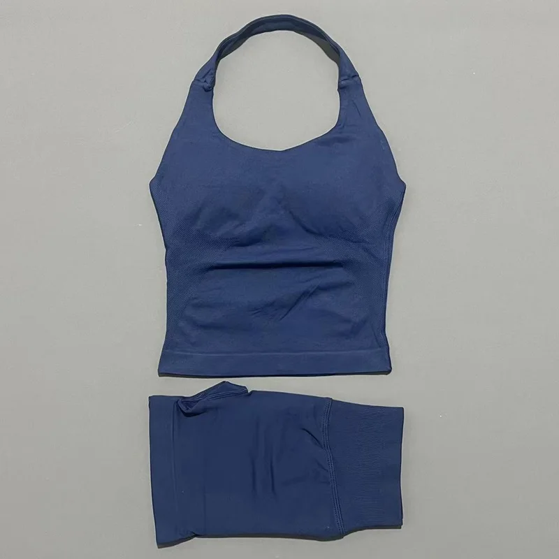 Conjunto Deportivo de 2 Piezas para Mujer, Top Halter con Tirantes, Shorts, Leggings Sin Costuras para Yoga, Gimnasio, Running y Fitness