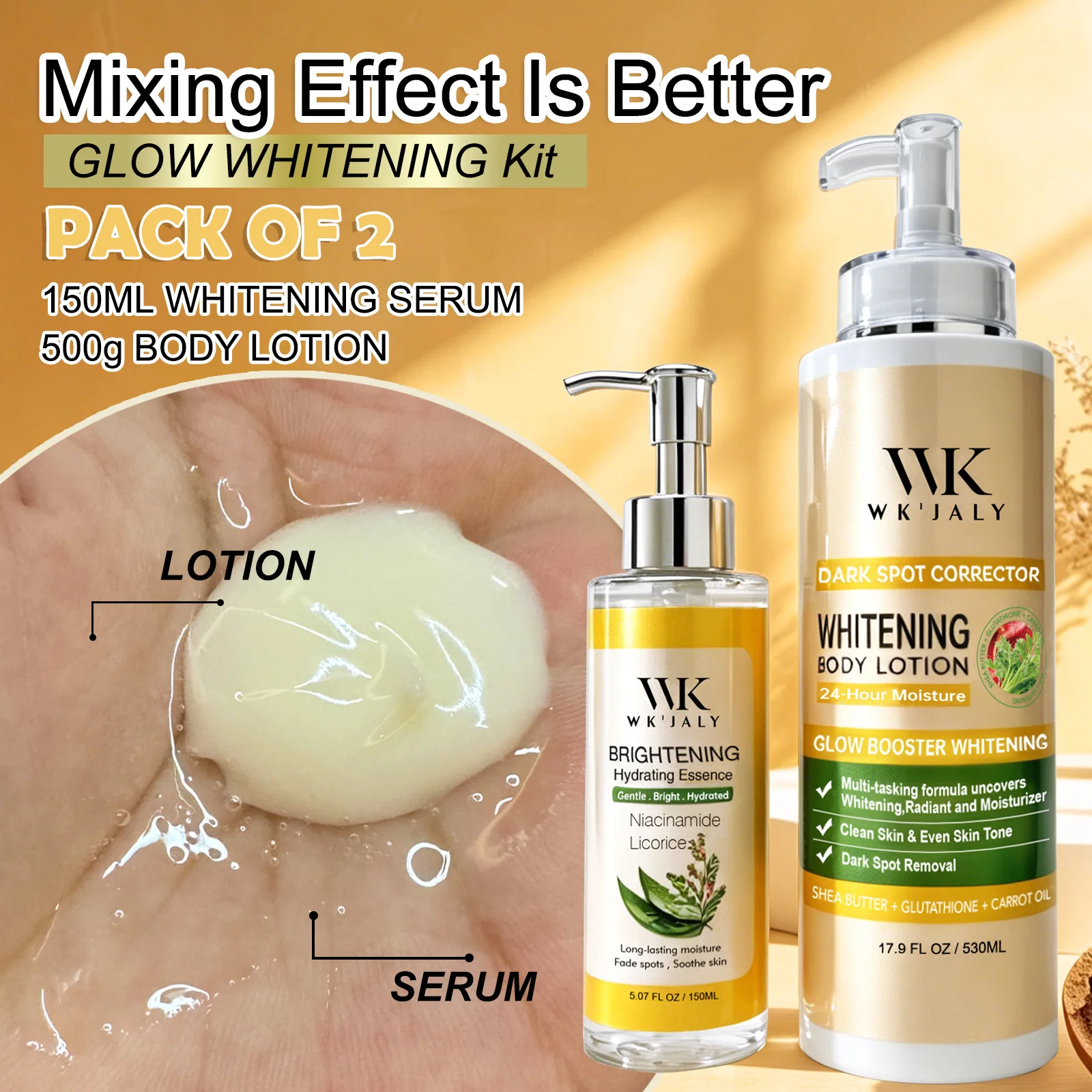 Set de Cuidado de la Piel Aclarante WK JALY, con Loción Corporal Blanqueadora con Aceite de Zanahoria, Esencia Iluminadora de Regaliz, Elimina la Hiperpigmentación