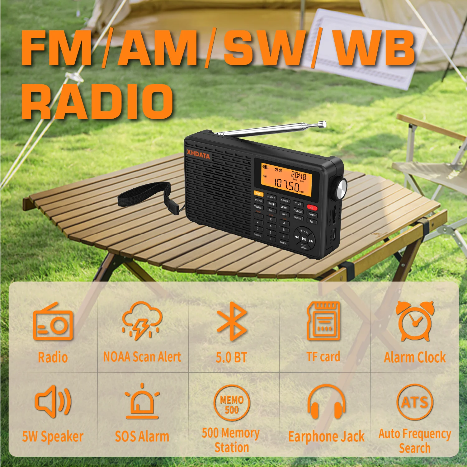 XHDATA D109WB Radio Portátil AM FM Estéreo SW MW LW con Reloj Despertador Digital, Batería Recargable, USB-C y Pronóstico del Tiempo