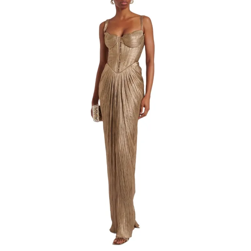 Nuevo Vestido Largo Dorado Sexy con Cuello en V para Mujer, Elegante Vestido de Cintura Alta con Cordones, Drapeado, Delgado, con Tirantes, Sin Mangas, Espalda Descubierta, para Fiesta