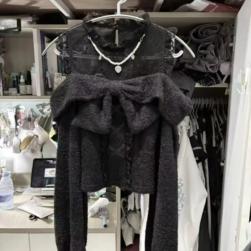 Suéteres de punto estilo Lolita japonesa para mujer, dulces, con encaje, hombros descubiertos, manga larga, estilo Y2K, top holgado para otoño