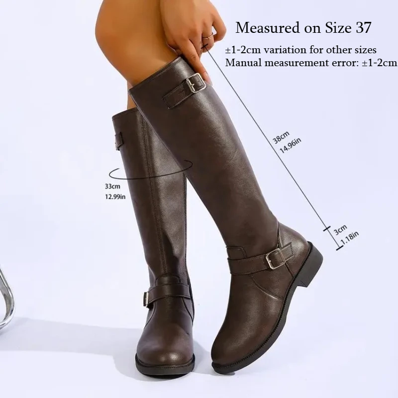 Botas hasta la rodilla de cuero PU con hebilla de Metal a la moda para Mujer, cómodas, talla grande 43, tacón bajo, cremallera lateral, Botas largas para Mujer