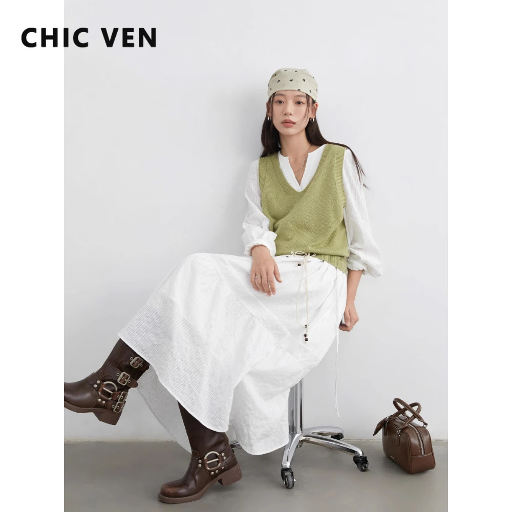 Conjunto de Vestido CHIC VEN para Mujer, Vestido Largo Casual Holgado de Manga Larga con Chaleco de Punto, Primavera Otoño 2026