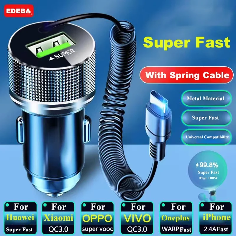 Cargador de coche USB de Metal EDEBA con Cable tipo C 12V adaptador de vehículo de carga súper rápida 2 en 1 para iPhone Samsung Huawei VIVO OPPO