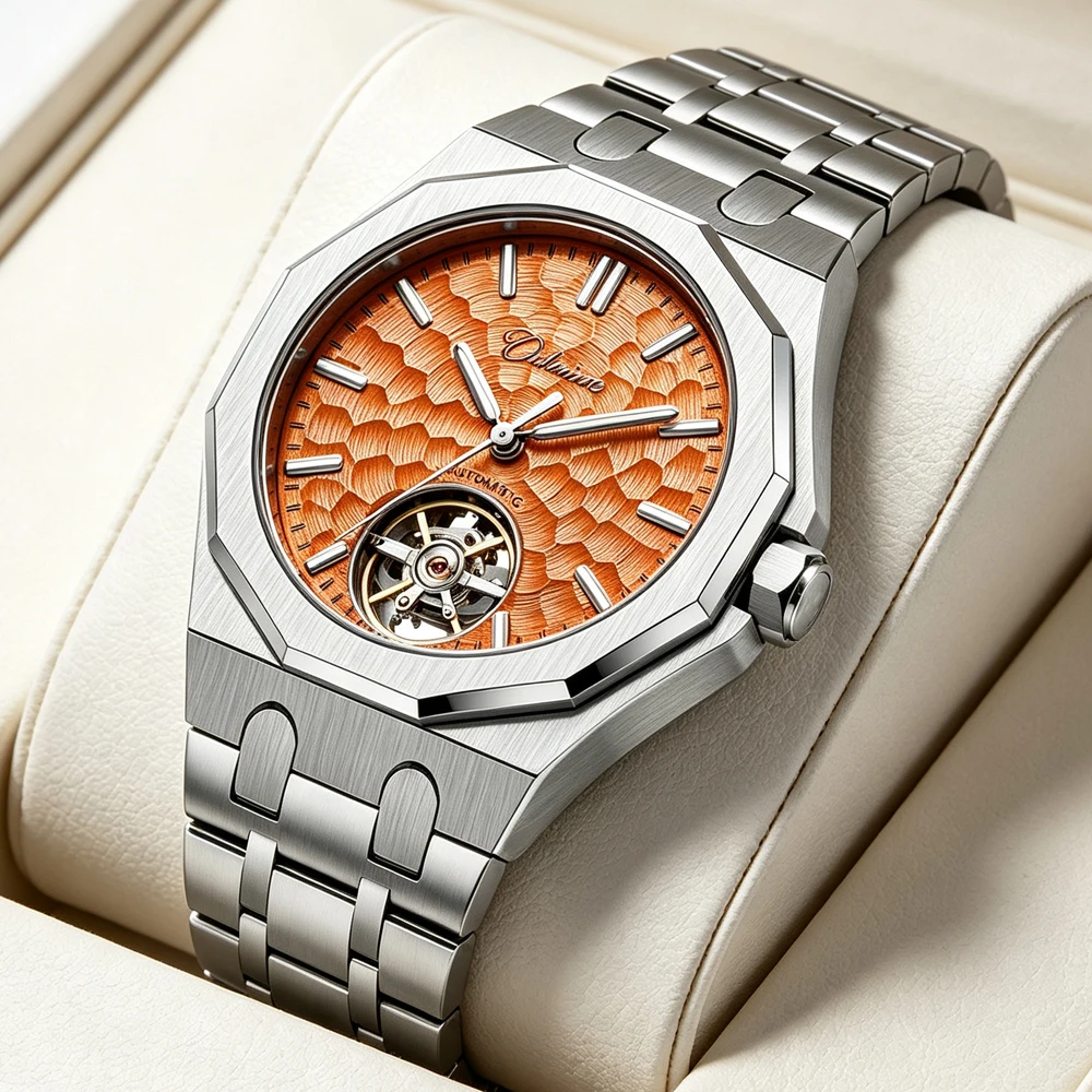 Reloj mecánico automático para hombre, esfera naranja, Tourbillon esqueleto, reloj de pulsera octogonal de acero inoxidable, reloj de lujo resistente al agua