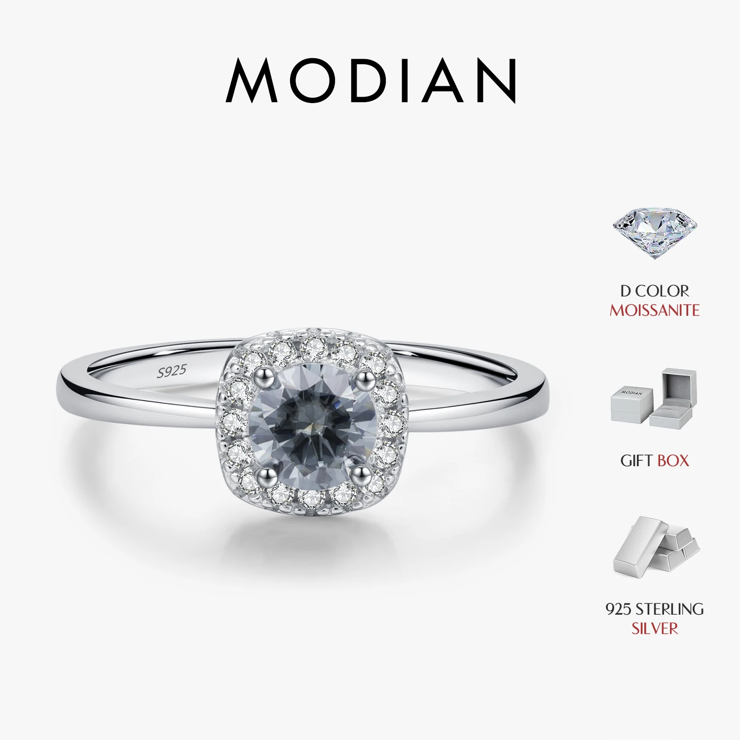Anillos de moissanita MODIAN de Color gris D, anillo de Halo cuadrado brillante a la moda de Plata de Ley 925 para mujer, regalo de joyería fina de boda