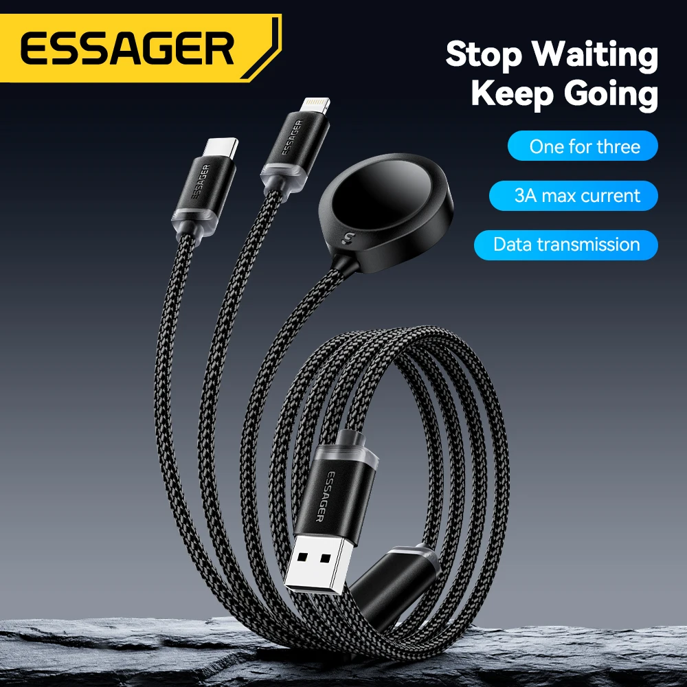 Cable Essager 3 en 1 USB Tipo C y Lightning para iPhone 16 15, para Apple Watch IWatch, Cargador Inalámbrico, Cable de Datos de Carga Rápida