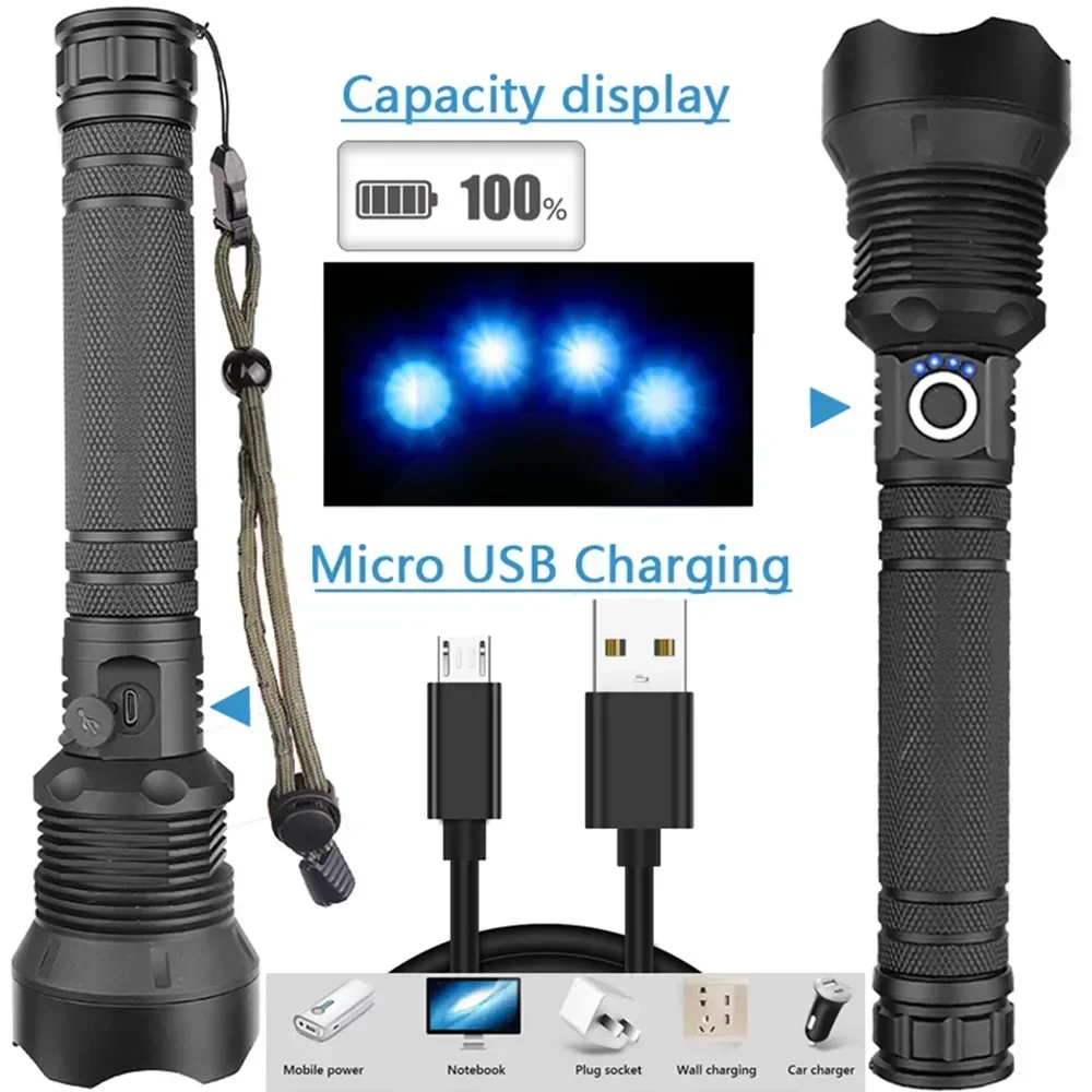 Linterna Táctica LED Recargable Súper Brillante con Zoom, Potente Linterna USB XHP70.2, Linterna XHP70 con Batería 18650 o 26650, Lámpara de Campamento
