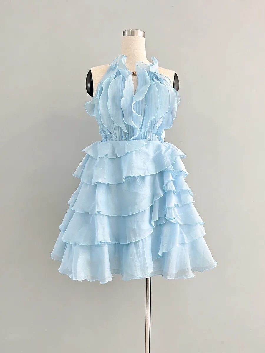 Vestidos Mini con Volantes y Corte Entallado de Moda TWOTWINSTYLE para Mujer, Cuello Redondo, Sin Mangas, Cintura Alta, Vestido Casual Femenino Nuevo