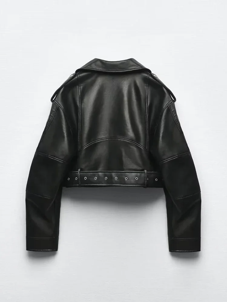 BBWM, Chaqueta corta holgada Vintage de gran tamaño de piel sintética con cinturón, ropa de calle para mujer, abrigo Retro con cremallera para motociclista, prendas de vestir
