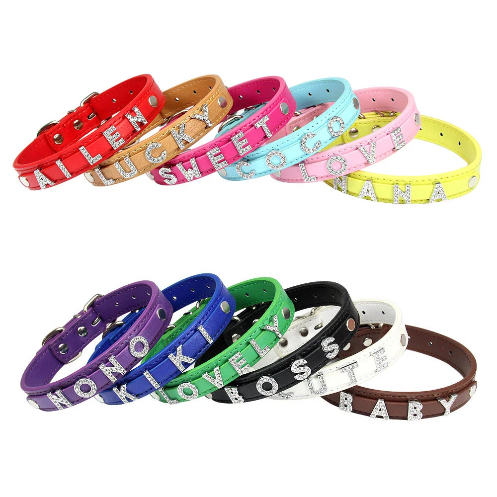 Collar de piel sintética con letras personalizadas para perro pequeño y mediano, correa para el cuello para cachorro y gato, bricolaje, venta al por mayor, 12 unidades