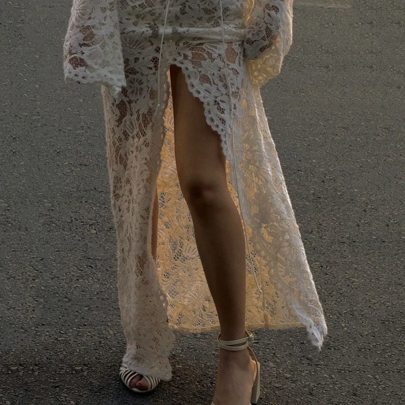 Vestido largo drapeado transparente de encaje calado criptográfico para mujer, vestidos sexis de vendaje con cordones y manga larga divididos, Vestido Coqueta