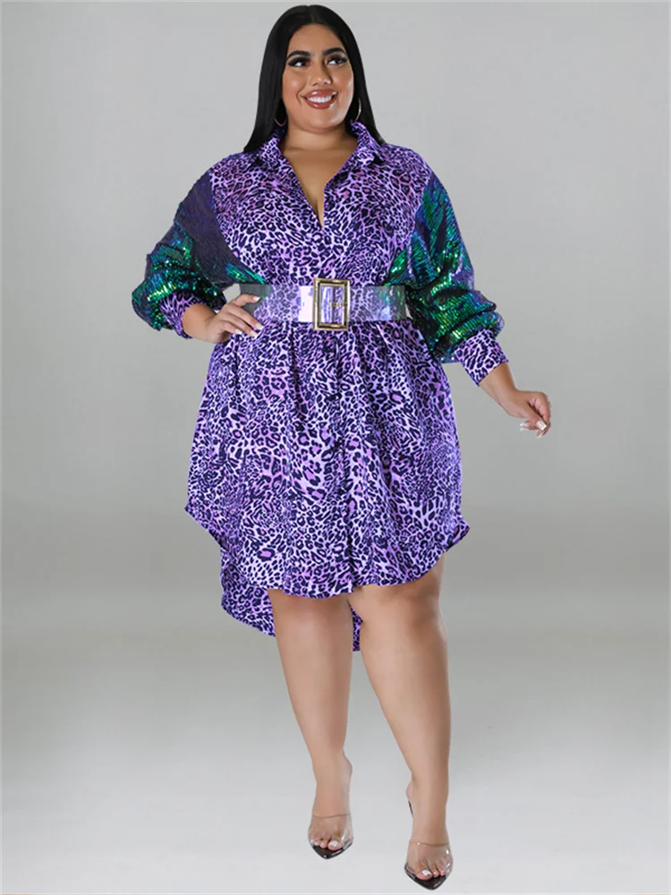 Wmstar-Vestidos de Fiesta de talla grande para mujer, manga de lentejuelas, retales de leopardo, Vestido camisero Midi elegante, venta al por mayor, envío directo con cinturón