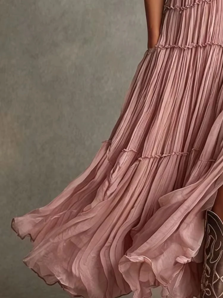 Vestido Maxi Retro con Volantes y Escote en V Profundo, Sin Mangas, de Gasa Fluida, Largo, Estilo Bohemio, con Pliegues y Dobladillo Dividido, Casual para Mujer