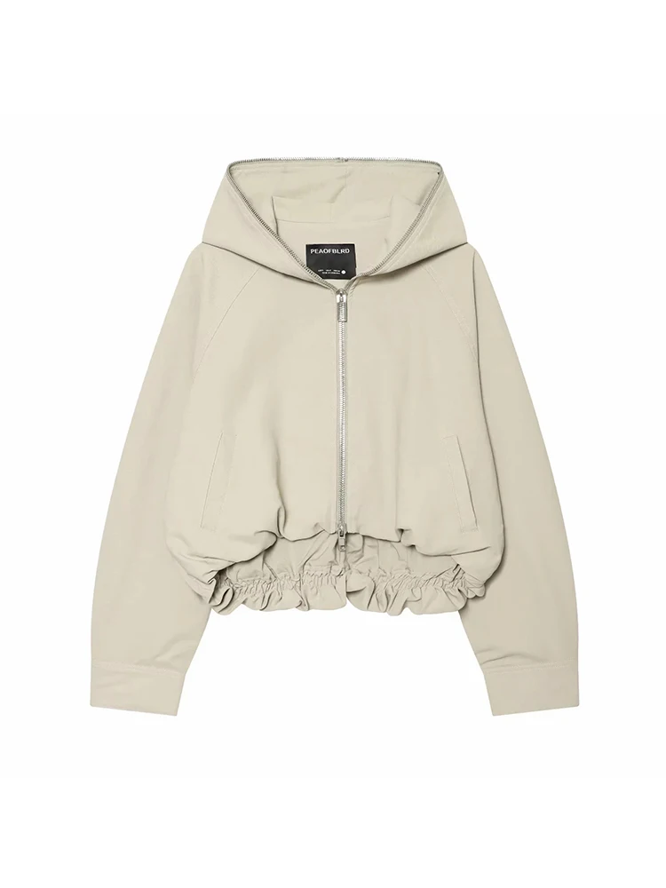 Chaqueta corta con capucha y cremallera para mujer, chaqueta corta con cordón elástico en el dobladillo, manga larga, holgada, informal, cortavientos, ropa exterior para mujer ﻿