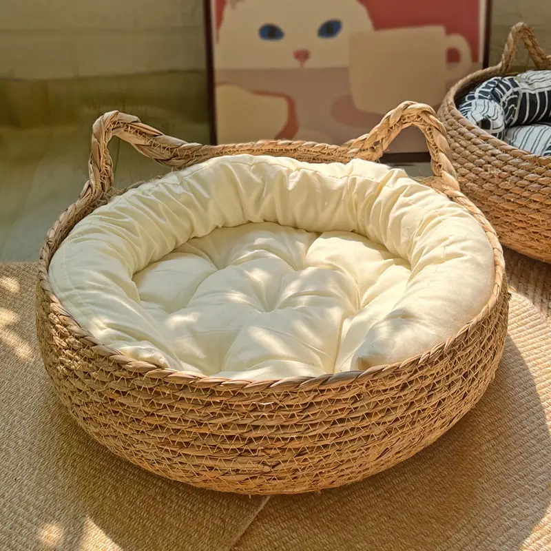 OUZEY-cesta tejida de mimbre para gatos, cama para gatos con cojín, suave y cálida, cama para cachorros y gatitos, Donut, redonda, cómoda, para dormir
