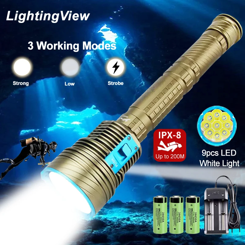 Linterna de buceo con luz blanca/amarilla, ultrabrillante, 9 Uds., luces LED, carcasa de Metal, lámpara de buceo para pesca submarina y Camping