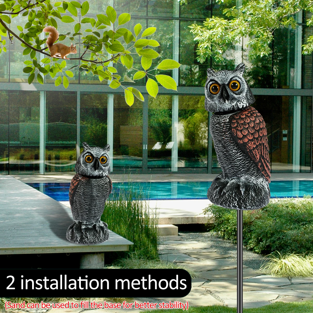 Dispositivos de control de aves Owl Spare con 360 °   Cabeza giratoria impermeable búho falso espantapájaros señuelo simulación realista búho pájaro disuasivo