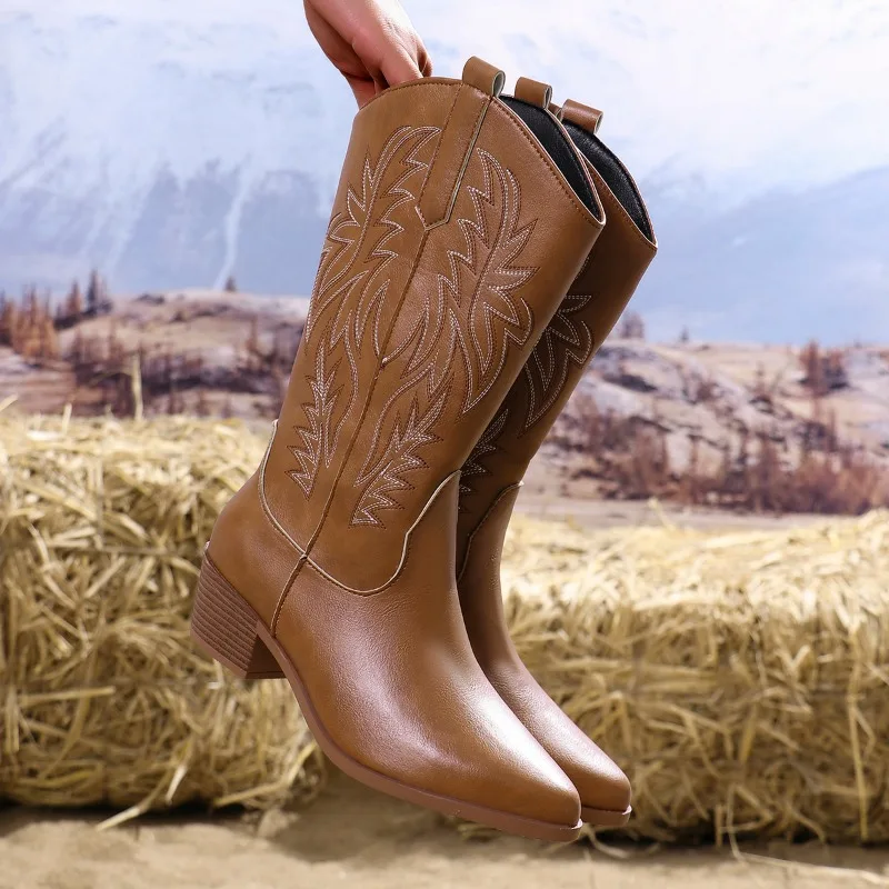 Botas occidentales para mujer, moda Otoño Invierno 2024, botas de vaquero de tacón grueso, estilo Vintage, botas de tacón alto de vaquera occidental campestre