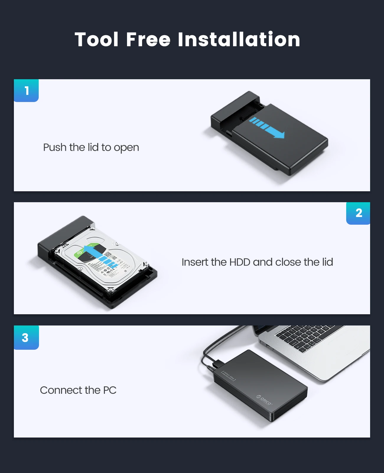 ORICO-carcasa de disco duro externo de 3,5 pulgadas, carcasa tipo C SATA a USB3.0 HDD para SSD de 2,5/3,5 pulgadas, compatible con UASP