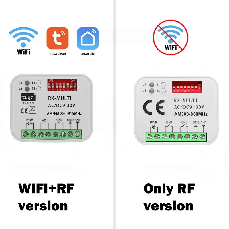 Módulo de Interruptor Inteligente KEBIDU RX MULTI Tuya, 300-868MHz, 2 Canales, 433MHz, 868MHz, Controlador Wifi, Receptor de Control Remoto para Puerta de Garaje/Portón