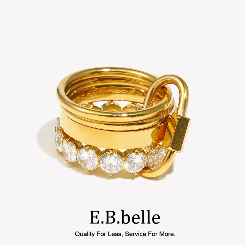 E.B.belle, anillos de circón de lujo de capas múltiples no fijas, chapado en oro de 18 quilates, joyería de dedo de boda para fiesta de moda de acero inoxidable