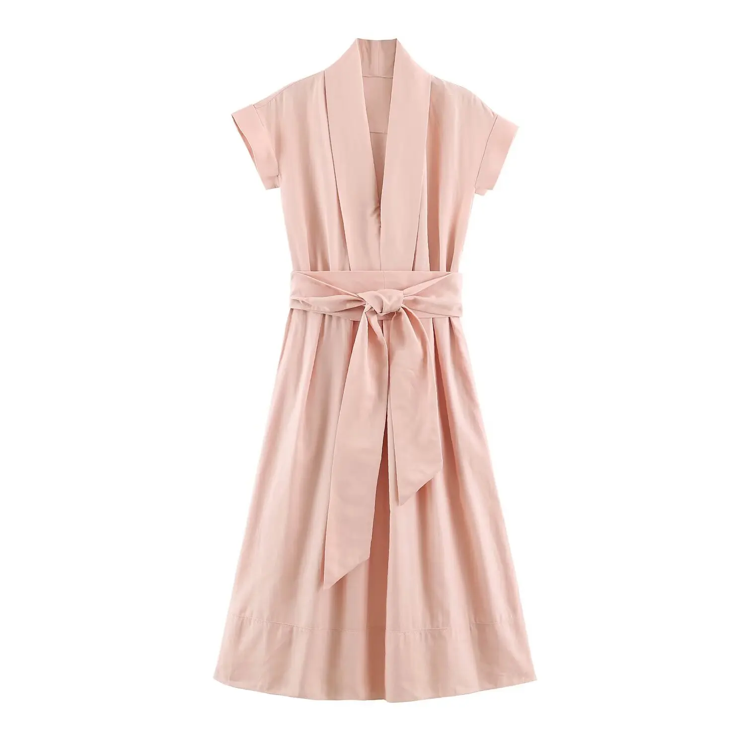 Vestido Midi BSAY 2026 para Mujer, Cuello en V, Manga Corta, Cinturón Ajustable, Estilo Camisero, Línea A, Color Sólido, Elegante, Casual de Verano, Largo