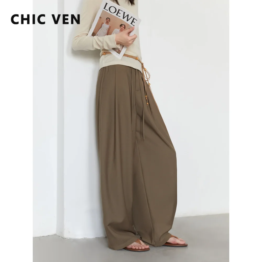 CHIC VEN-pantalones de pierna ancha para mujer, pantalón liso, holgado, informal, plisado con cordón, traje femenino, pantalones de oficina para mujer, otoño 2025
