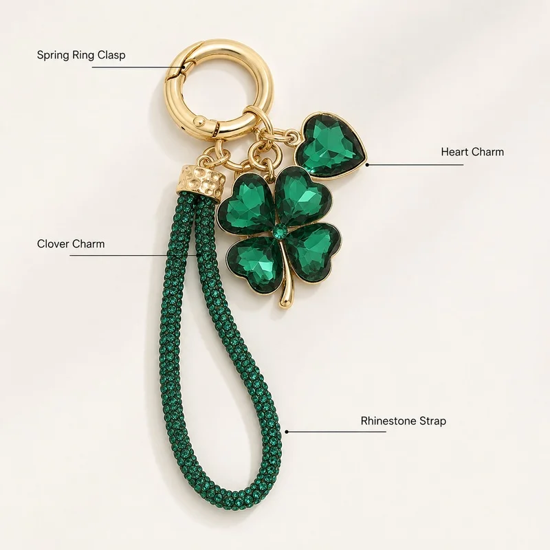 Llavero de Trébol de Cuatro Hojas para Mujer, Adorno de Bolso con Diamantes de Imitación y Correa de Muñeca, Anillo de la Suerte para Llaves de Coche, Accesorio de Bolso, Regalo