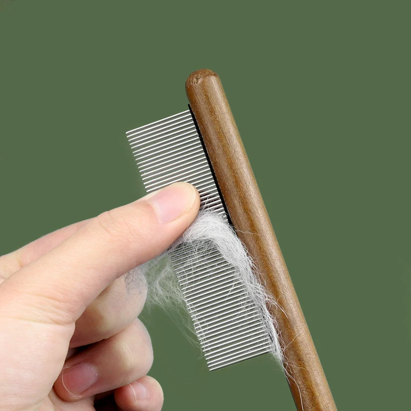 Peine para gatos de acero inoxidable con mango de madera, removedor de pelo de mascotas, cepillo de masaje para perros, herramienta de limpieza, suministros para mascotas