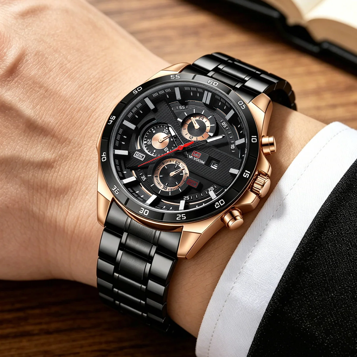 Reloj Deportivo para Hombre de 46mm, Correa de Cuero Negra, Serie Racing, Uso Diario, Reloj de Cuarzo con Esfera de Oro Rosa Original, Relogio Masculino